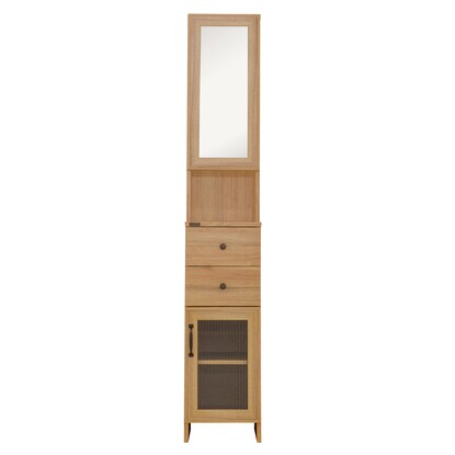 Wood-grained storage unit with mirror (light brown)