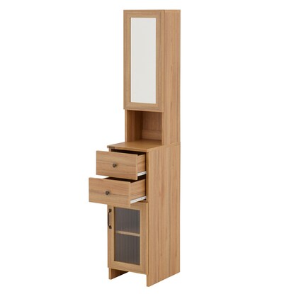 Wood-grained storage unit with mirror (light brown)