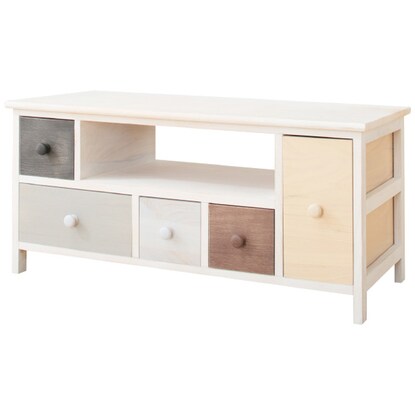 A pale, colorful, shabby TV stand (W84)