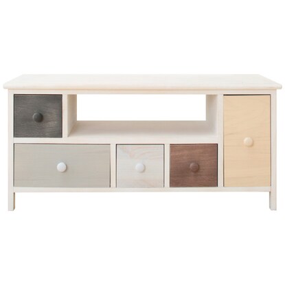 A pale, colorful, shabby TV stand (W84)