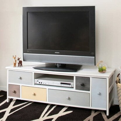 A pale, colorful, shabby TV stand (W113)