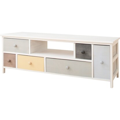 A pale, colorful, shabby TV stand (W113)