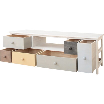 A pale, colorful, shabby TV stand (W113)