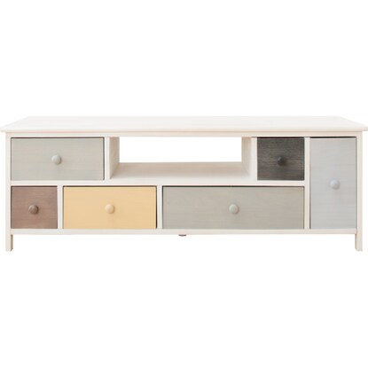 A pale, colorful, shabby TV stand (W113)