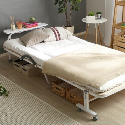 Folding wooden slat bed with shelf, outlet and casters (WH)