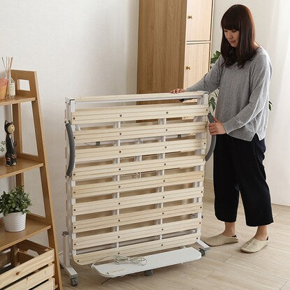 Folding wooden slat bed with shelf, outlet and casters (WH)