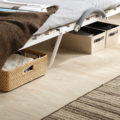 Folding wooden slat bed with shelf, outlet and casters (WH)