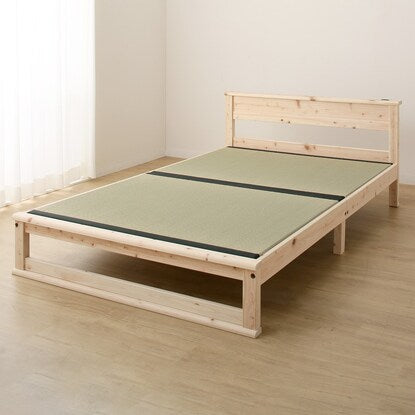 Semi-double bed frame made of cypress and rush grass with shelf (with power outlet)