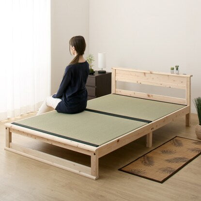 Semi-double bed frame made of cypress and rush grass with shelf (with power outlet)