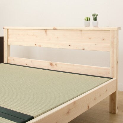 Semi-double bed frame made of cypress and rush grass with shelf (with power outlet)