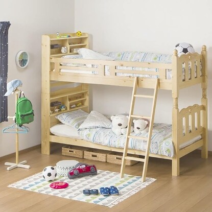 Beautiful pine wood grain. A sturdy bunk bed with shelves and lighting (NA)