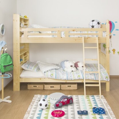 Beautiful pine wood grain. A sturdy bunk bed with shelves and lighting (NA)