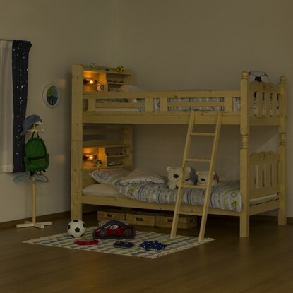 Beautiful pine wood grain. A sturdy bunk bed with shelves and lighting (NA)