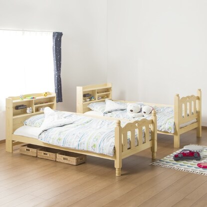 Beautiful pine wood grain. A sturdy bunk bed with shelves and lighting (NA)