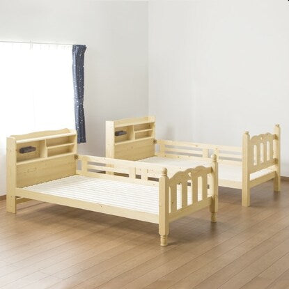 Beautiful pine wood grain. A sturdy bunk bed with shelves and lighting (NA)