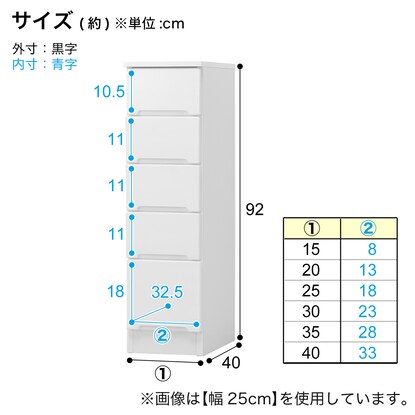 Slim counter with drawers selectable in 5cm increments (20cm wide)