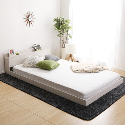 Scandinavian style floor bed frame with shelf and power outlet (S WH)