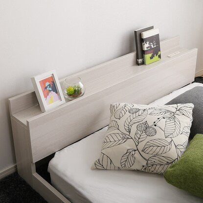 Scandinavian style floor bed frame with shelf and power outlet (S WH)