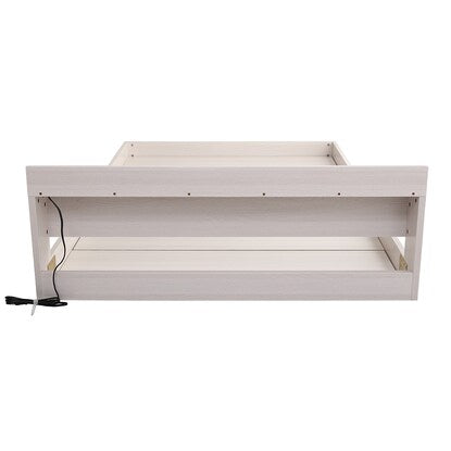 Scandinavian style floor bed frame with shelf and power outlet (S WH)