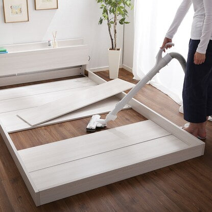 Scandinavian style floor bed frame with shelf and power outlet (S WH)