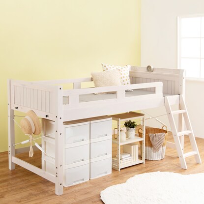 Heavy-duty loft bed with shelf, low type (height 122cm WW)