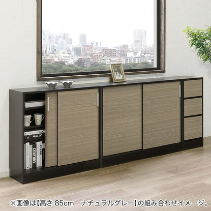 A slim cabinet with beautiful wood grain pattern and sliding doors (width 90 x height 85 cm, gloss finish WW)