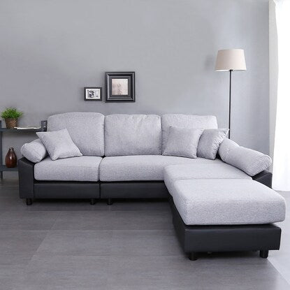 PVC x fabric covered 5-seater corner couch sofa (GY/BK)