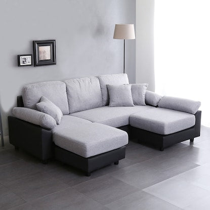 PVC x fabric covered 5-seater corner couch sofa (GY/BK)