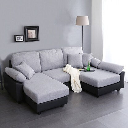 PVC x fabric covered 5-seater corner couch sofa (GY/BK)