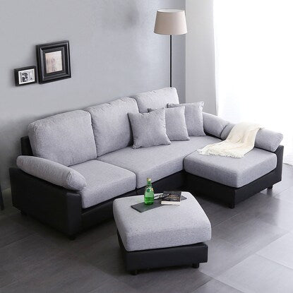 PVC x fabric covered 5-seater corner couch sofa (GY/BK)