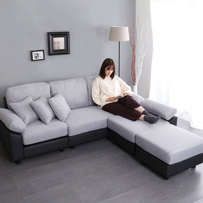 PVC x fabric covered 5-seater corner couch sofa (GY/BK)