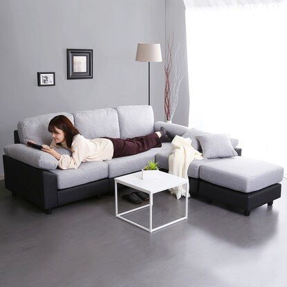 PVC x fabric covered 5-seater corner couch sofa (GY/BK)