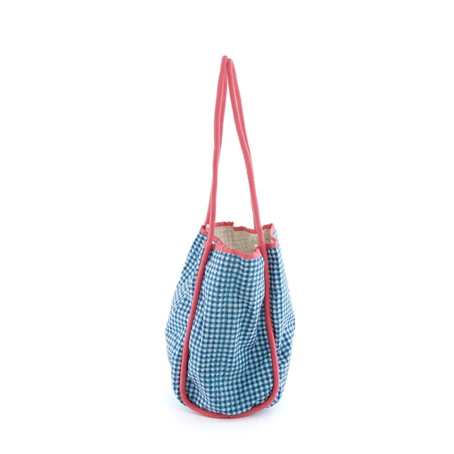 Block-printed gingham check bag with piping accents