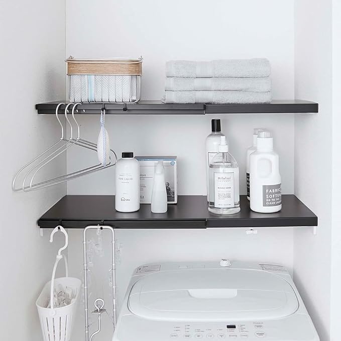 tower Expandable Shelf for Tension Rods, L, Black, Simple Shelf, Just Place on Tension Rod