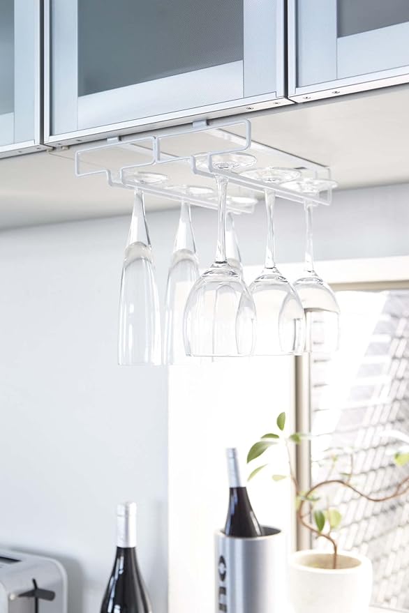 Tower Under Cupboard Wine Glass Hanger, Double, White, No Drilling or Screwing Required, Kitchen Hanging Shelf