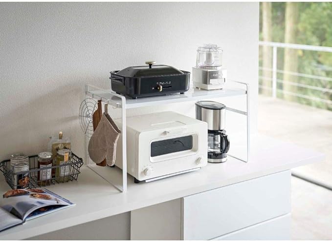 Tower Toaster Rack, Wide, Black, Kitchen Rack, Lower Level Becomes Work Space, 2-Level Height Adjustment, Hook Included