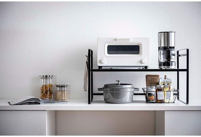 Tower Toaster Rack, Wide, Black, Kitchen Rack, Lower Level Becomes Work Space, 2-Level Height Adjustment, Hook Included