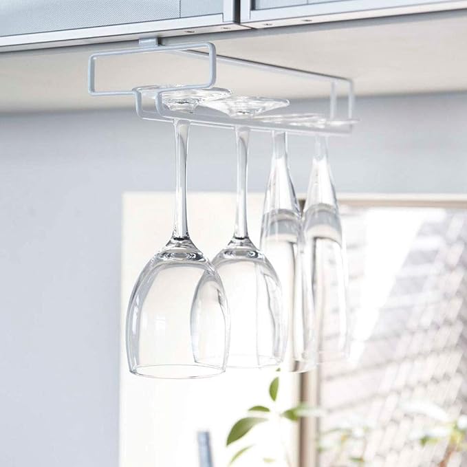 tower Under-Cabinet Wine Glass Hanger, White, No Drilling or Screwing Required, Kitchen Hanging Shelf