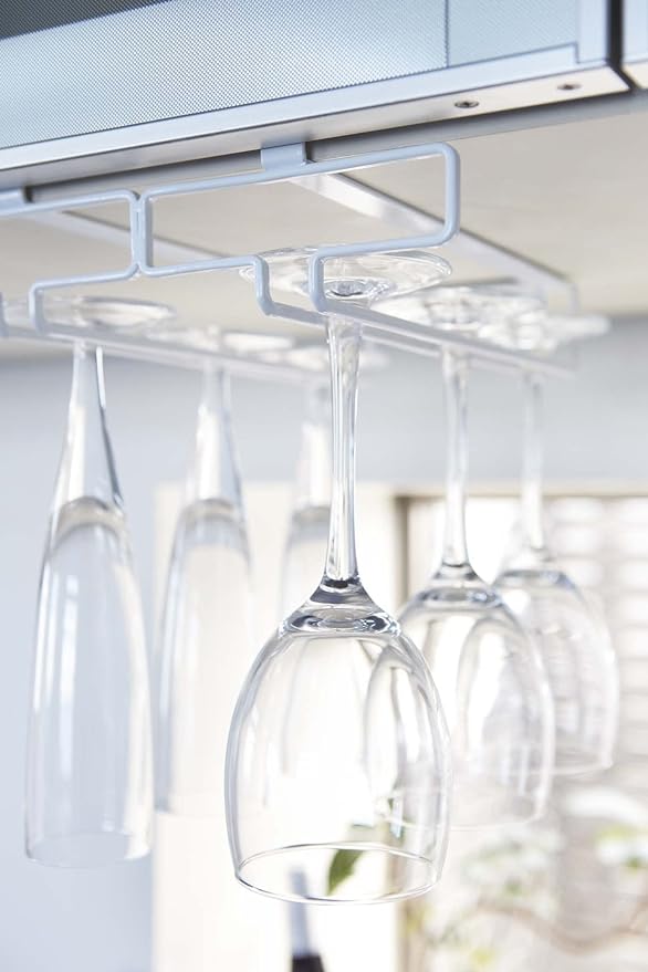 Tower Under Cupboard Wine Glass Hanger, Double, White, No Drilling or Screwing Required, Kitchen Hanging Shelf