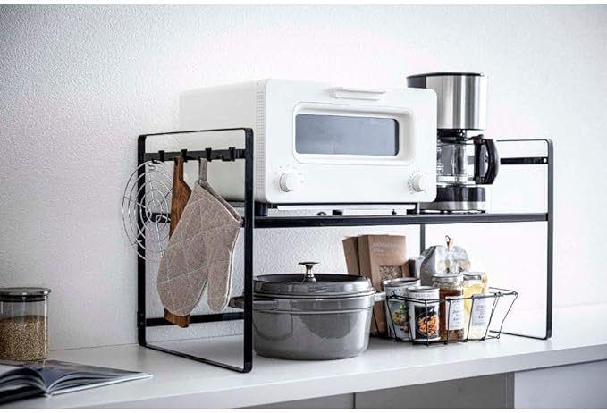 Tower Toaster Rack, Wide, Black, Kitchen Rack, Lower Level Becomes Work Space, 2-Level Height Adjustment, Hook Included