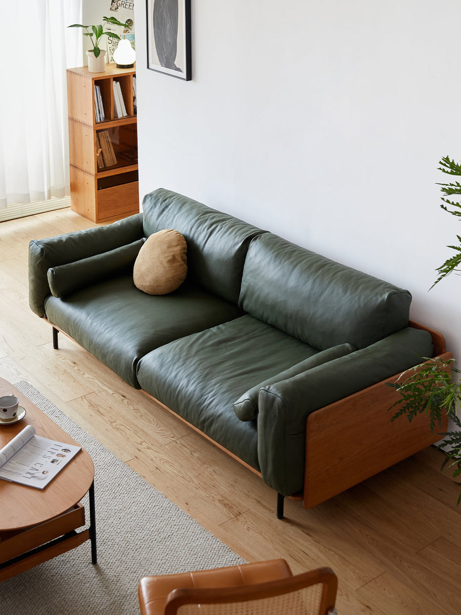 Wood frame genuine leather green cushion sofa