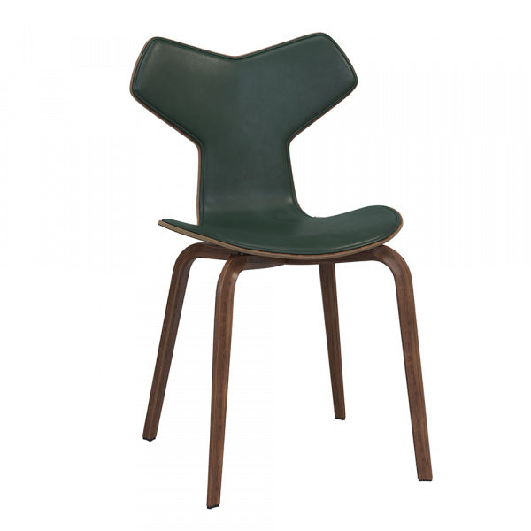 GRAND PRIX Chair, Walnut with Front Padding, Pure Leather Green, and Wood Legs