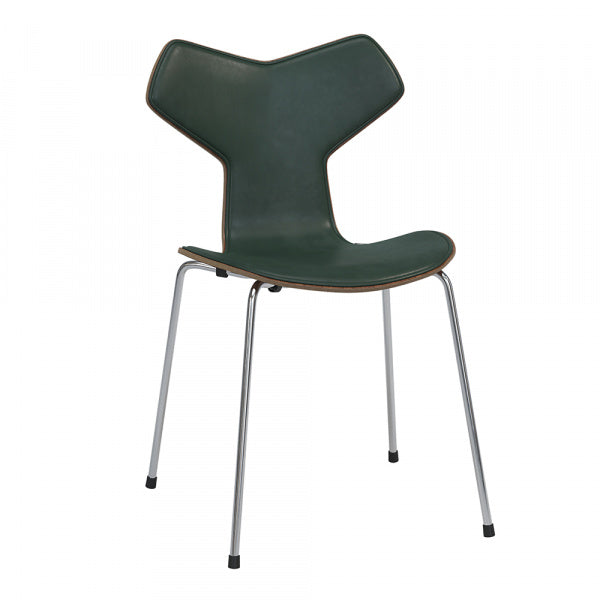 GRAND PRIX Chair, Walnut with Front Pad, Pure Leather Green, Chrome Legs