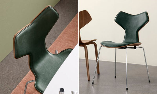 GRAND PRIX Chair, Walnut with Front Pad, Pure Leather Green, Chrome Legs