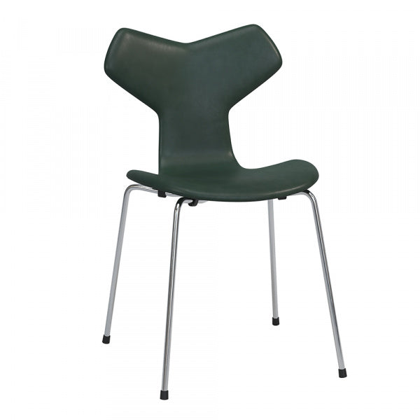 GRAND PRIX Chair, Fully Upholstered, Pure Leather Green with Chrome Legs