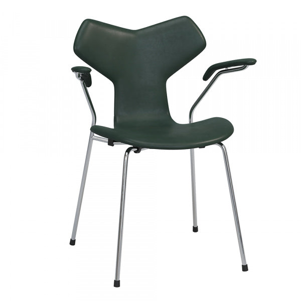 GRAND PRIX Chair with Arms, Fully Padded, Pure Leather Green with Chrome Legs