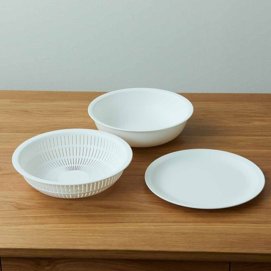 White Colander, Shallow Bowl, and Plate Set (Can also be used for washing rice)