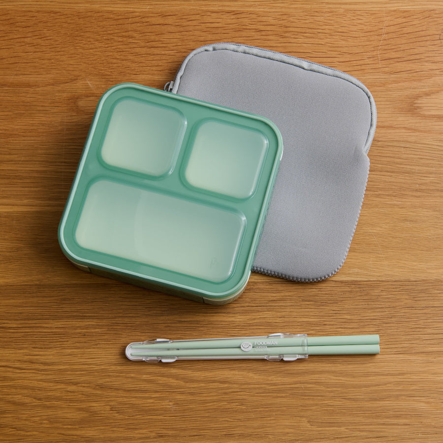 FOODMAN Antibacterial Slim Bento Box (500ml), Case, and Chopsticks (3-Piece Set)
