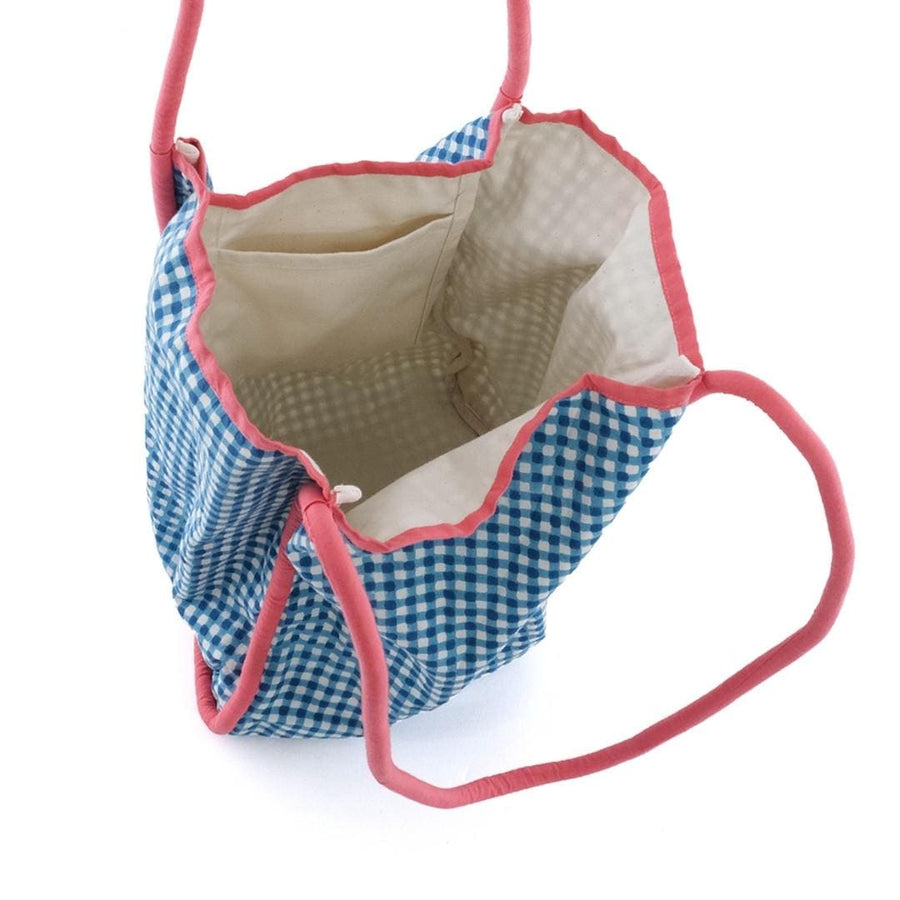 Block-printed gingham check bag with piping accents