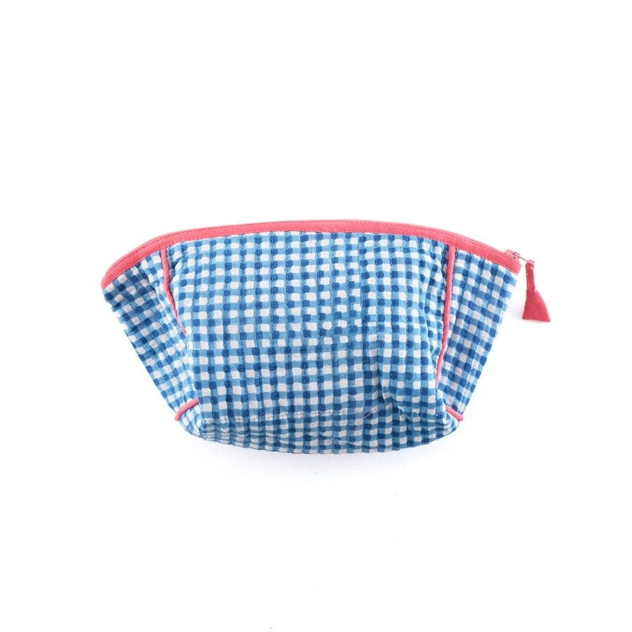A block-printed gingham check pouch that makes it easy to see inside